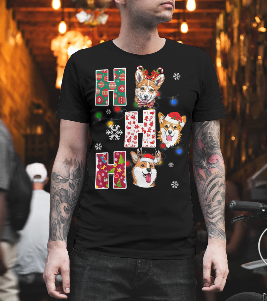 Ho Ho Ho Santa Corgi Christmas Lights Snowflakes T-Shirt