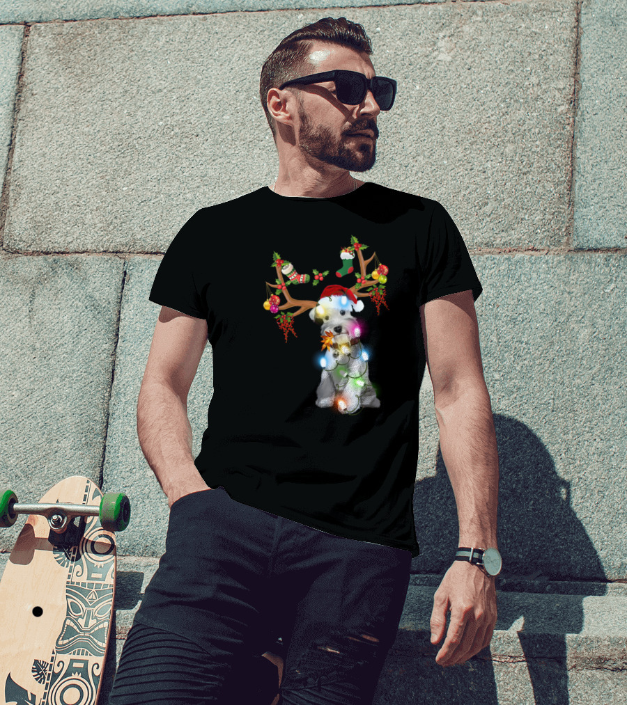 Santa Schnauzer Christmas Lights Reindeer Antlers Holiday Lover T-Shirt