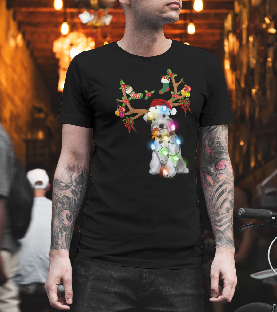 Santa Schnauzer Christmas Lights Reindeer Antlers Holiday Lover T-Shirt