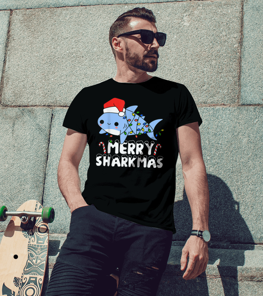 Merry Sharkmas Santa Shark Christmas Lights Boys T-Shirt