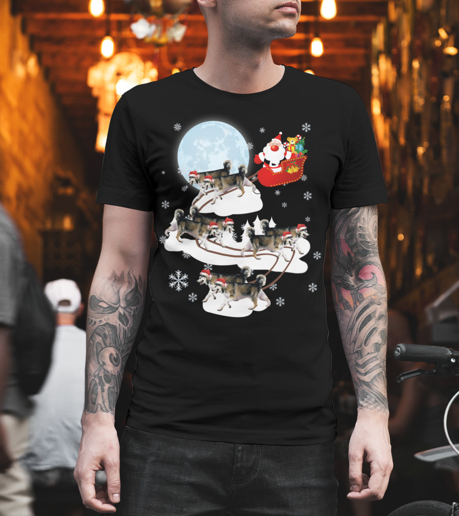Santa Sleigh Alaskan Malamute Christmas Dog Moon Snowflakes T-Shirt