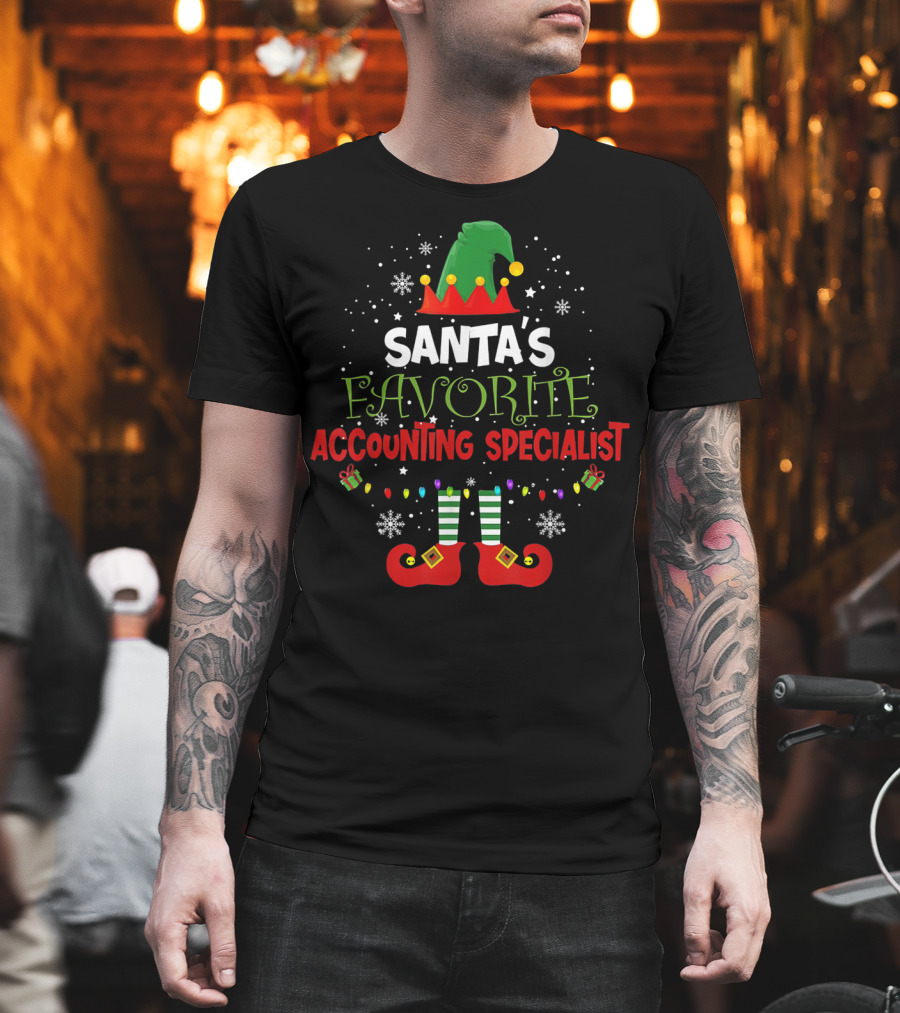 Santa's Favorite Accounting Specialist Elf Theme with Christmas Snowflakes and Gifts T-Shirt