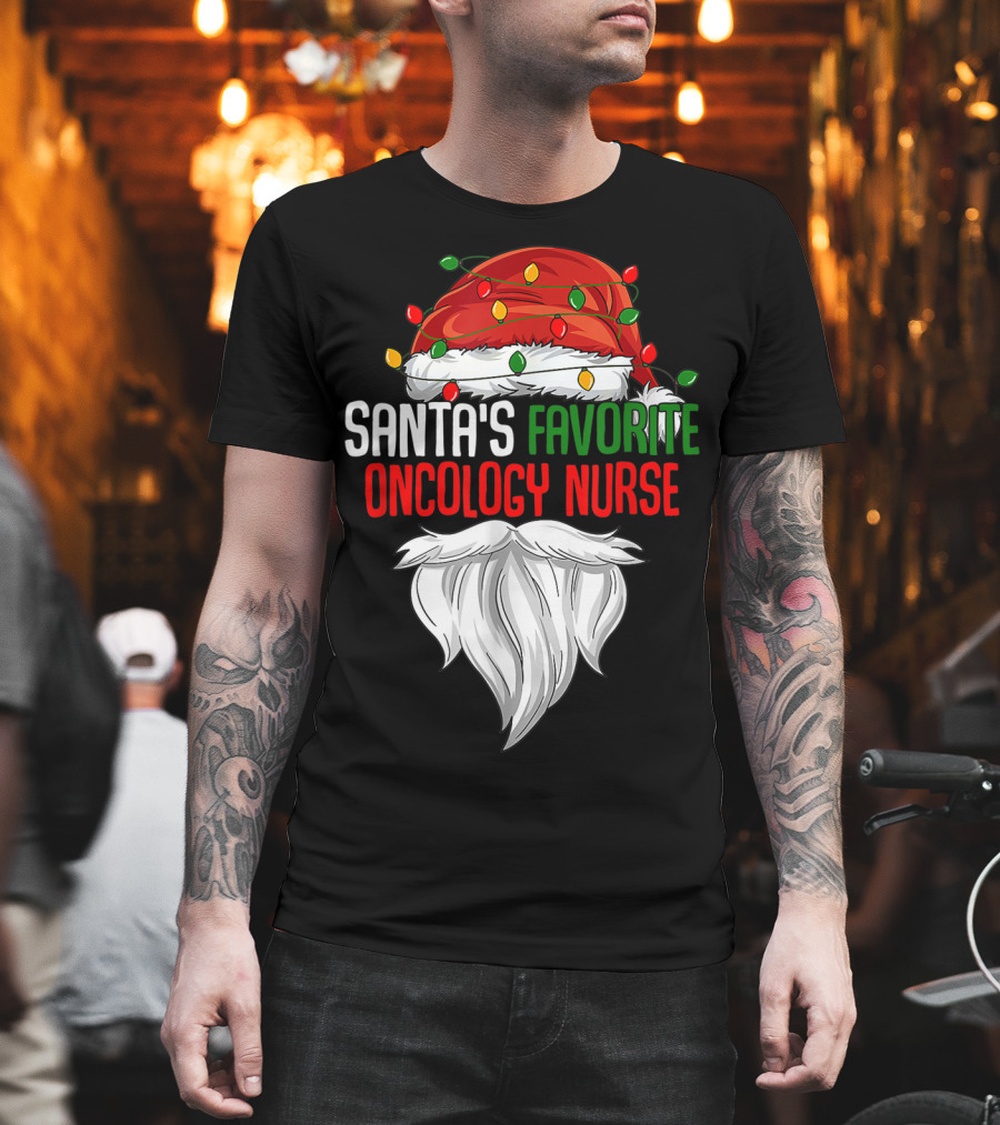 Santa's Favorite Oncology Nurse Christmas Lights and Beard T-Shirt
