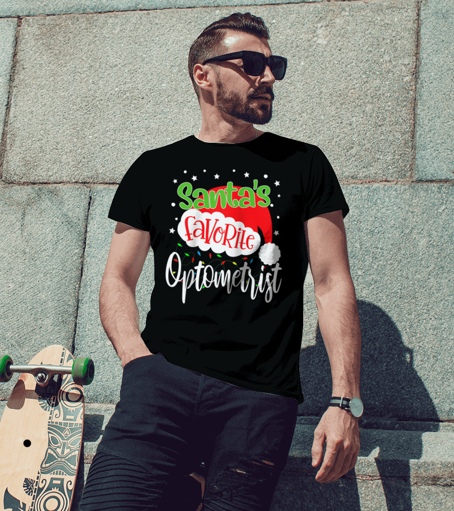 Santa's Favorite Optometrist Christmas Santa Hat And Lights T-Shirt