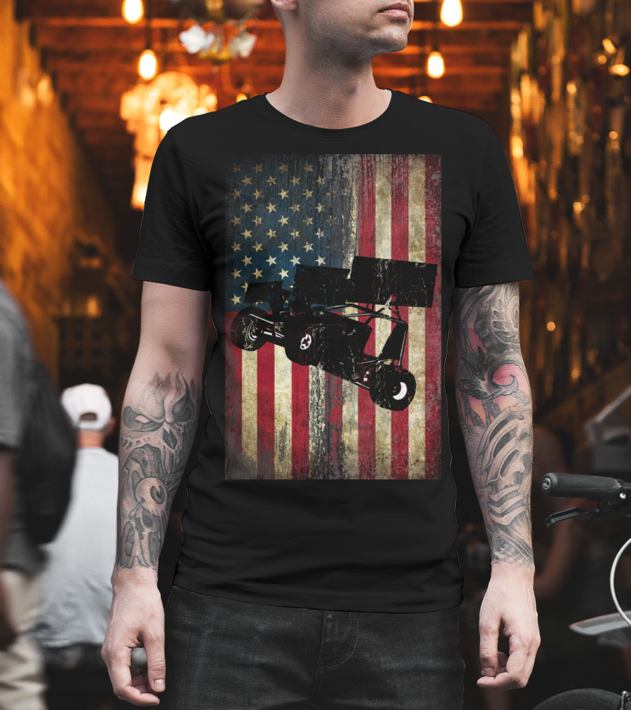 Sprint Car Dirt Track Racing American Flag Background T-Shirt