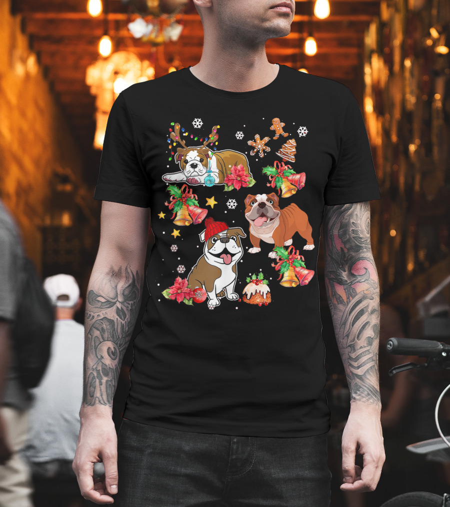 Bulldog Christmas Ornament Decoration with Bells and Gingerbread T-Shirt