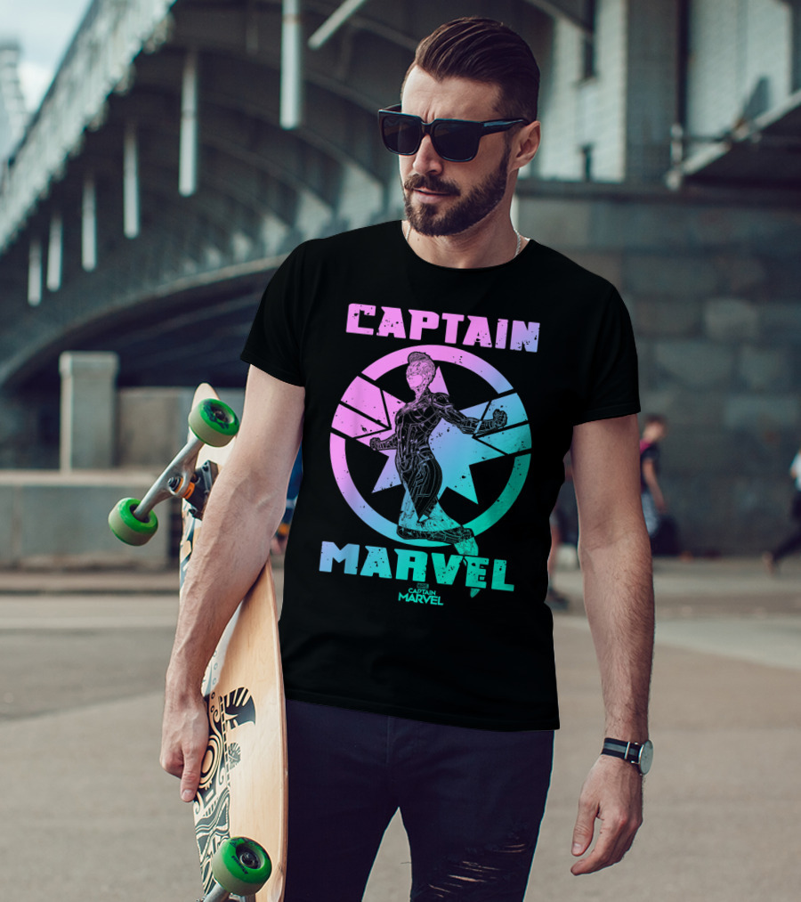 Captain Marvel Star Emblem Spectrum Heroine Pose T-Shirt