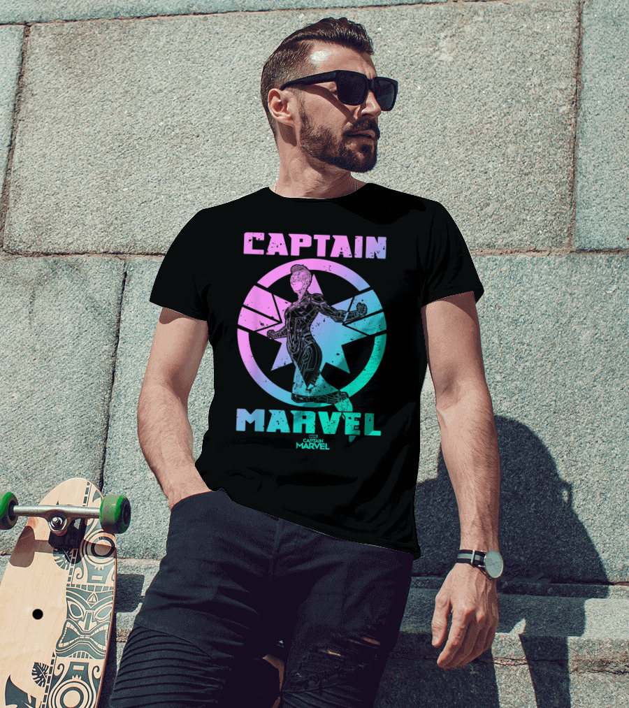Captain Marvel Star Emblem Spectrum Heroine Pose T-Shirt