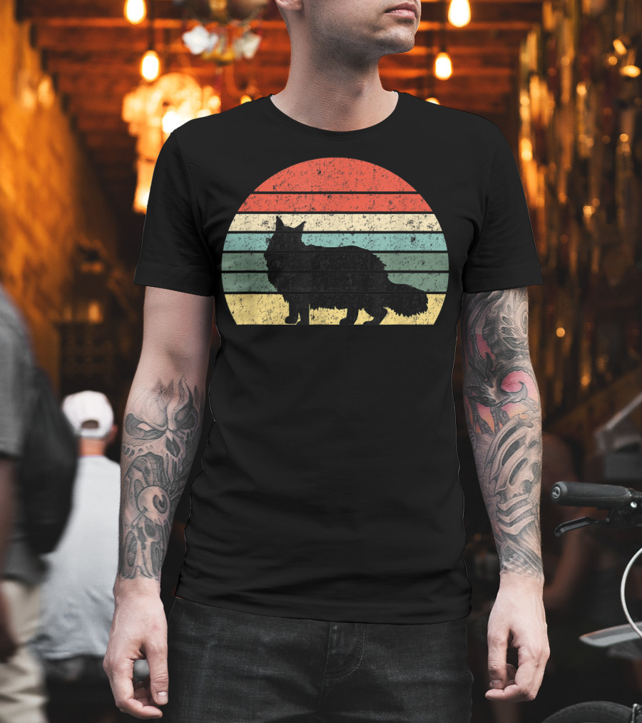 Retro Sunset Silhouette Maine Coon Cat Lover T-Shirt