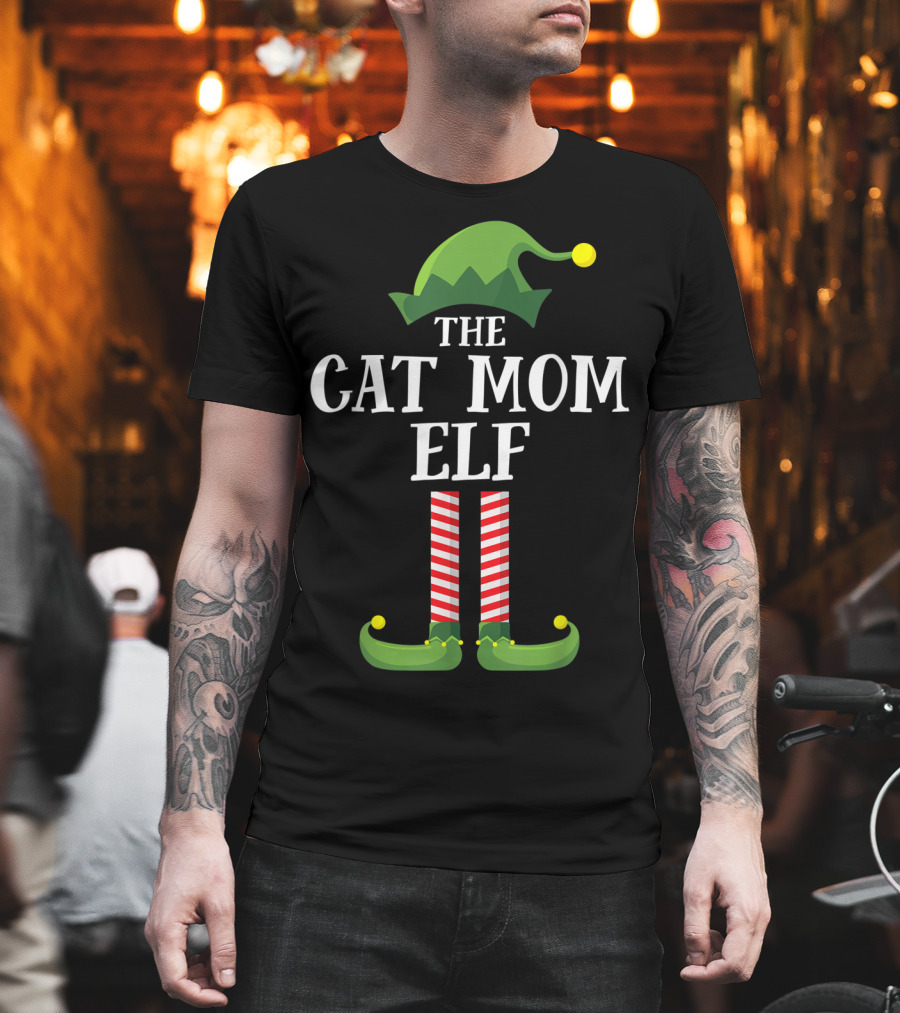 The Cat Mom Elf Matching Family Group Holiday Christmas Hat and Legs T-Shirt