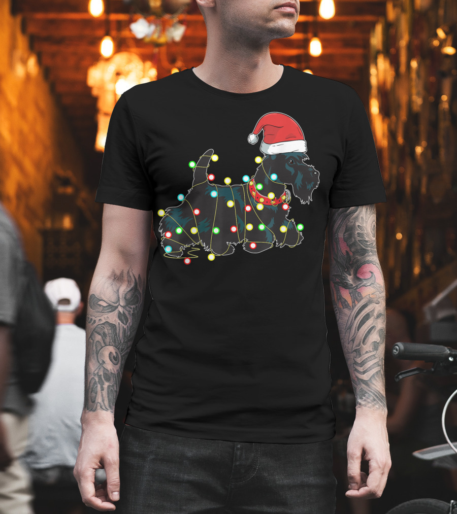 Scottish Terrier Wrapped in Christmas Lights and Santa Hat T-Shirt