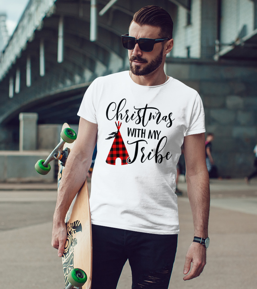 Christmas With My Tribe Teepee Buffalo Plaid Holiday T-Shirt