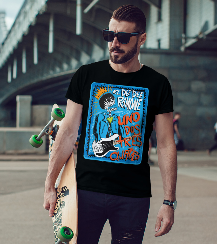 El Dee Dee Ramone Uno Dos Tres Quatro Skull Art With Crown And Heart Guitar T-Shirt