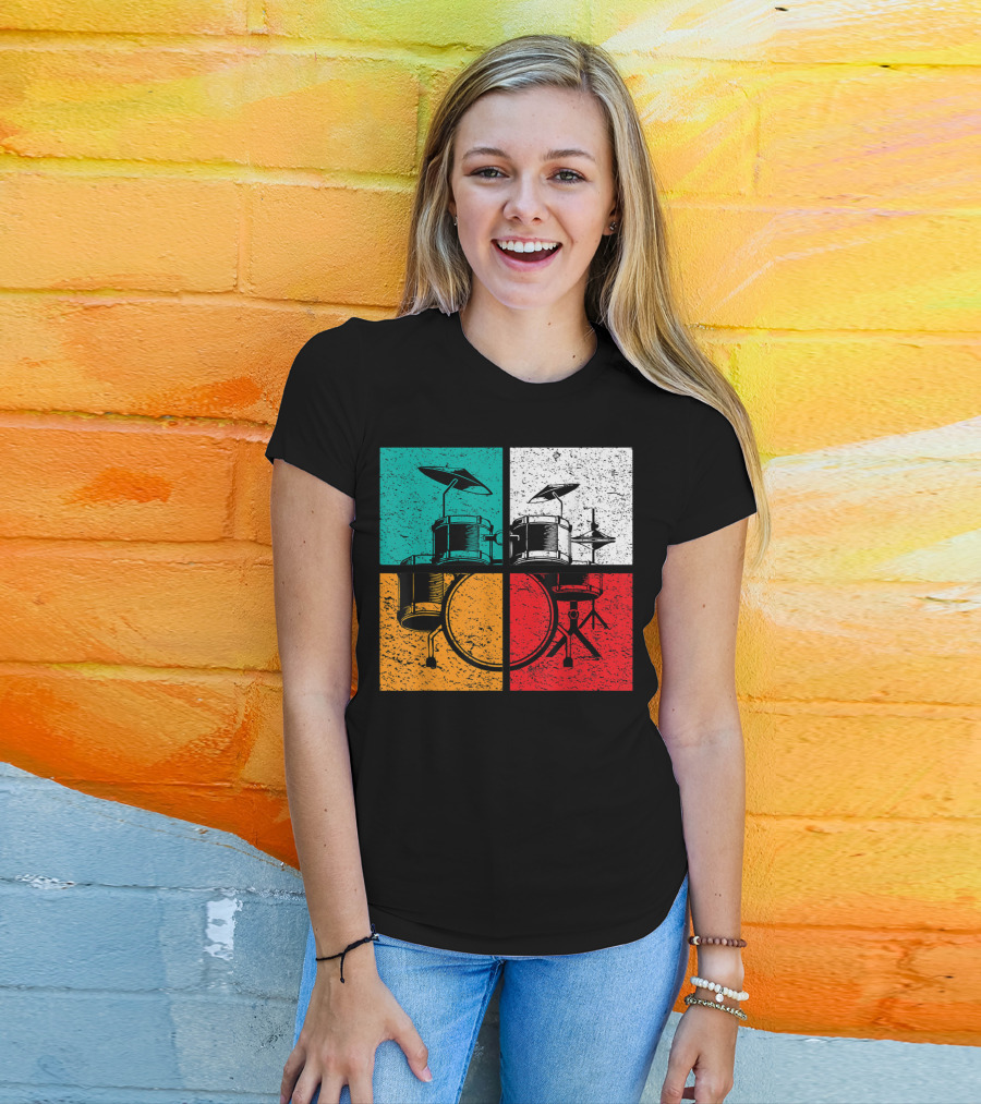 Drummer Drums Band Drumset Colorful Pop Art Squares T-Shirt