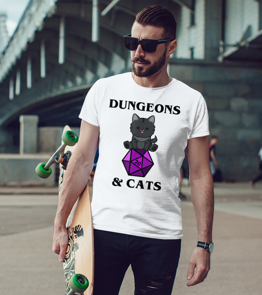 Dungeons And Cats Nerdy RPG Cat Sitting On D20 Dice T-Shirt