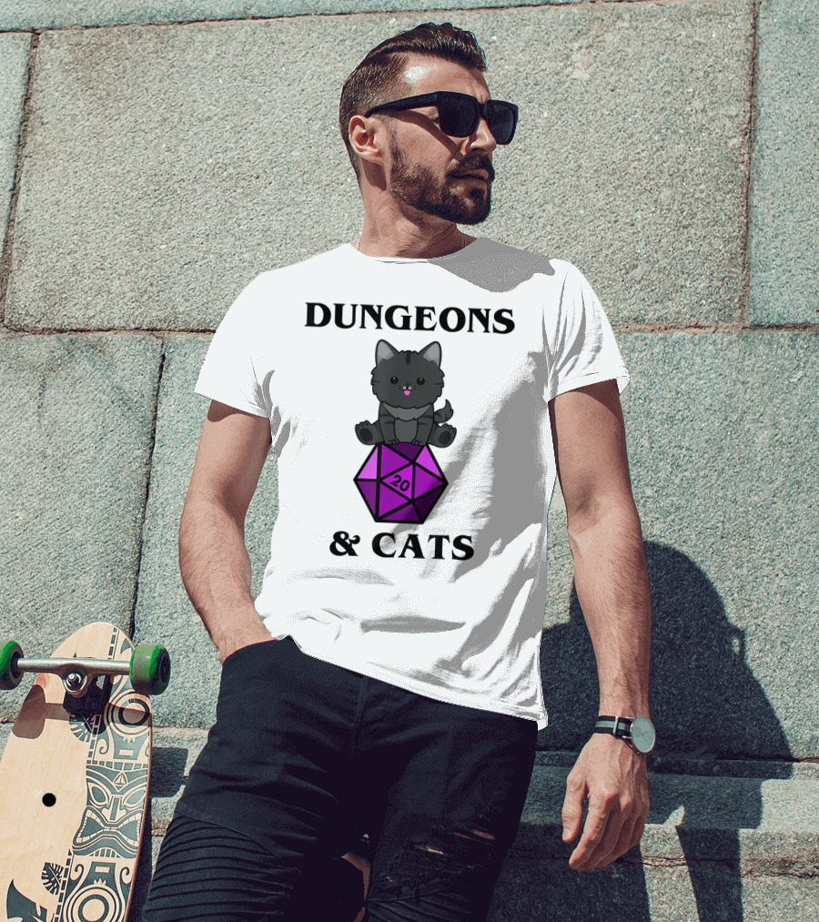 Dungeons And Cats Nerdy RPG Cat Sitting On D20 Dice T-Shirt