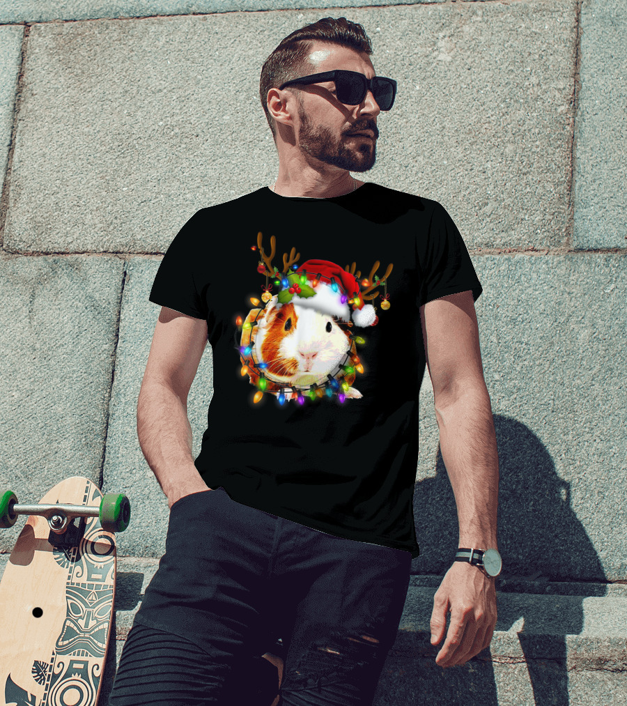 Guinea Pig With Christmas Lights And Reindeer Antlers In Santa Hat T-Shirt