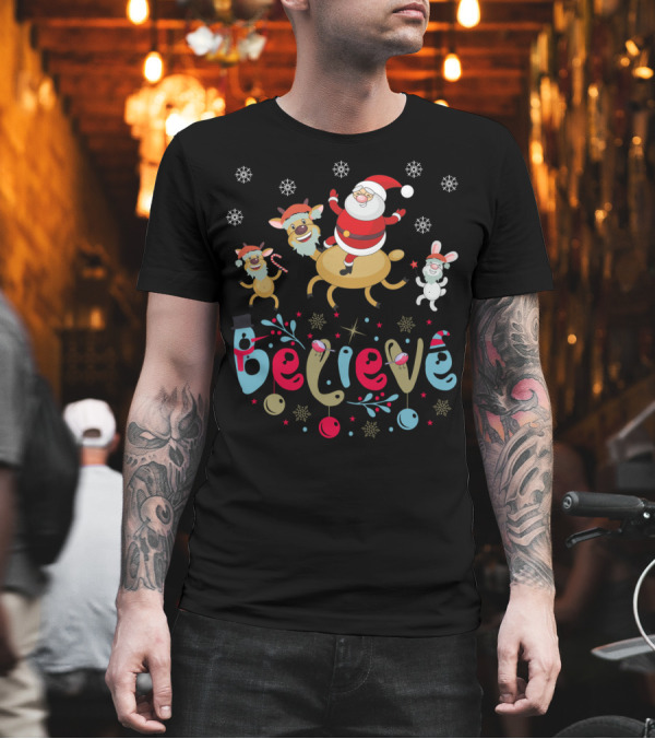 Believe Christmas Santa Claus Reindeer Rabbit Snowflakes T-Shirt Believe Christmas Santa Claus Reindeer Rabbit Snowflakes T-Shirt