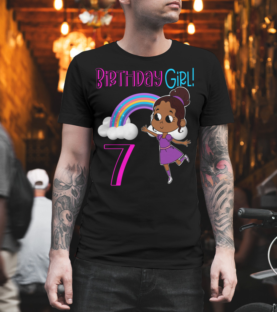 Birthday Girl 7 African American With Rainbow And Dancing Child T-Shirt