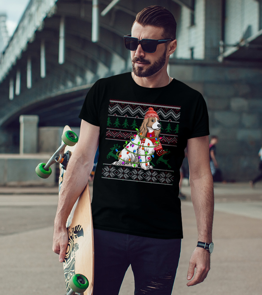 Cocker Spaniel Holiday Sweater With Christmas Lights And Reindeer T-Shirt