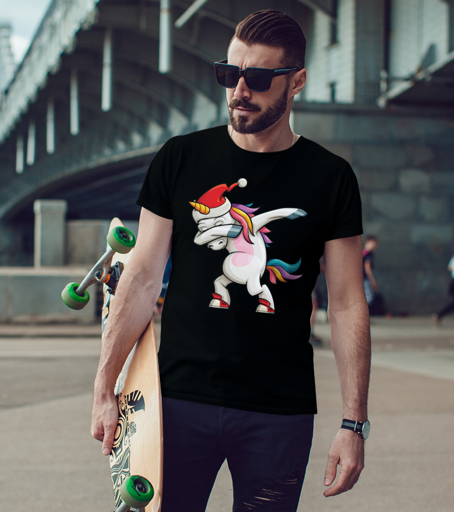 Dabbing Santacorn Xmas Funny Santa Unicorn Rainbow Mane Santa Hat T-Shirt
