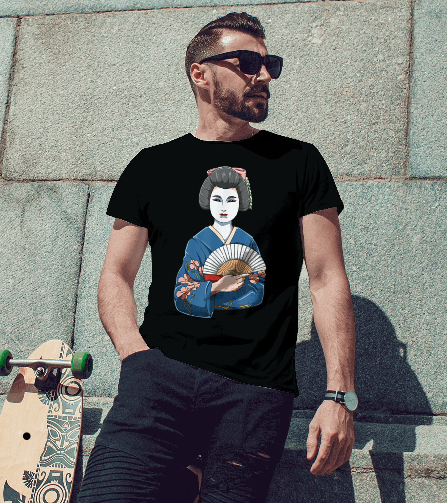 Geisha Girl Traditional Japanese Kimono Fan Blossoms T-Shirt