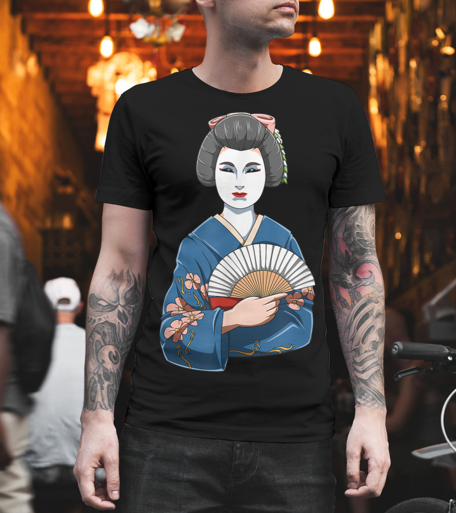 Geisha Girl Traditional Japanese Kimono Fan Blossoms T-Shirt