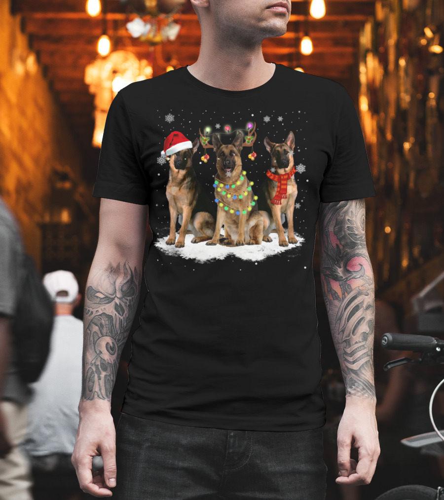German Shepherds with Santa Hat and Christmas Decorations T-Shirt