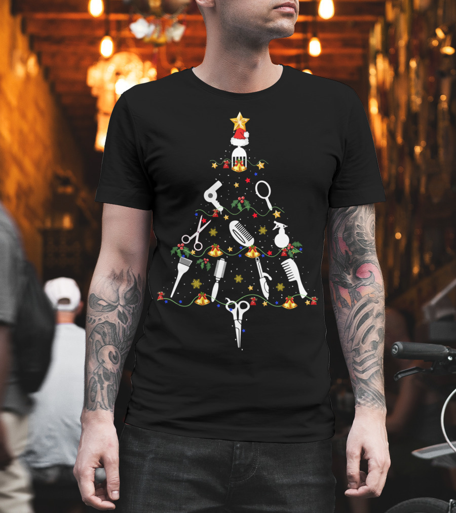 Hairdresser Lover Funny Christmas Tree Scissors Comb Hairdryer Ornaments T-Shirt