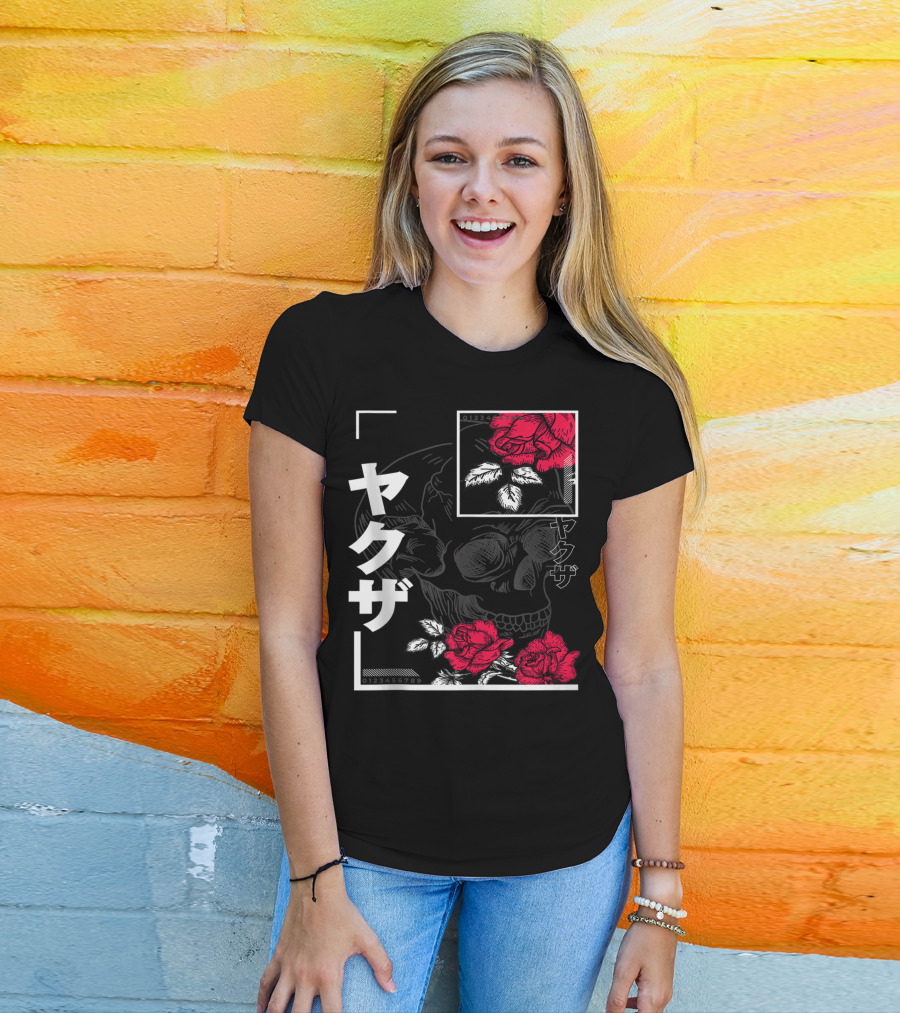 Urban Yakuza Skull And Red Roses T-Shirt