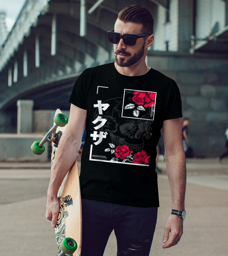Urban Yakuza Skull And Red Roses T-Shirt