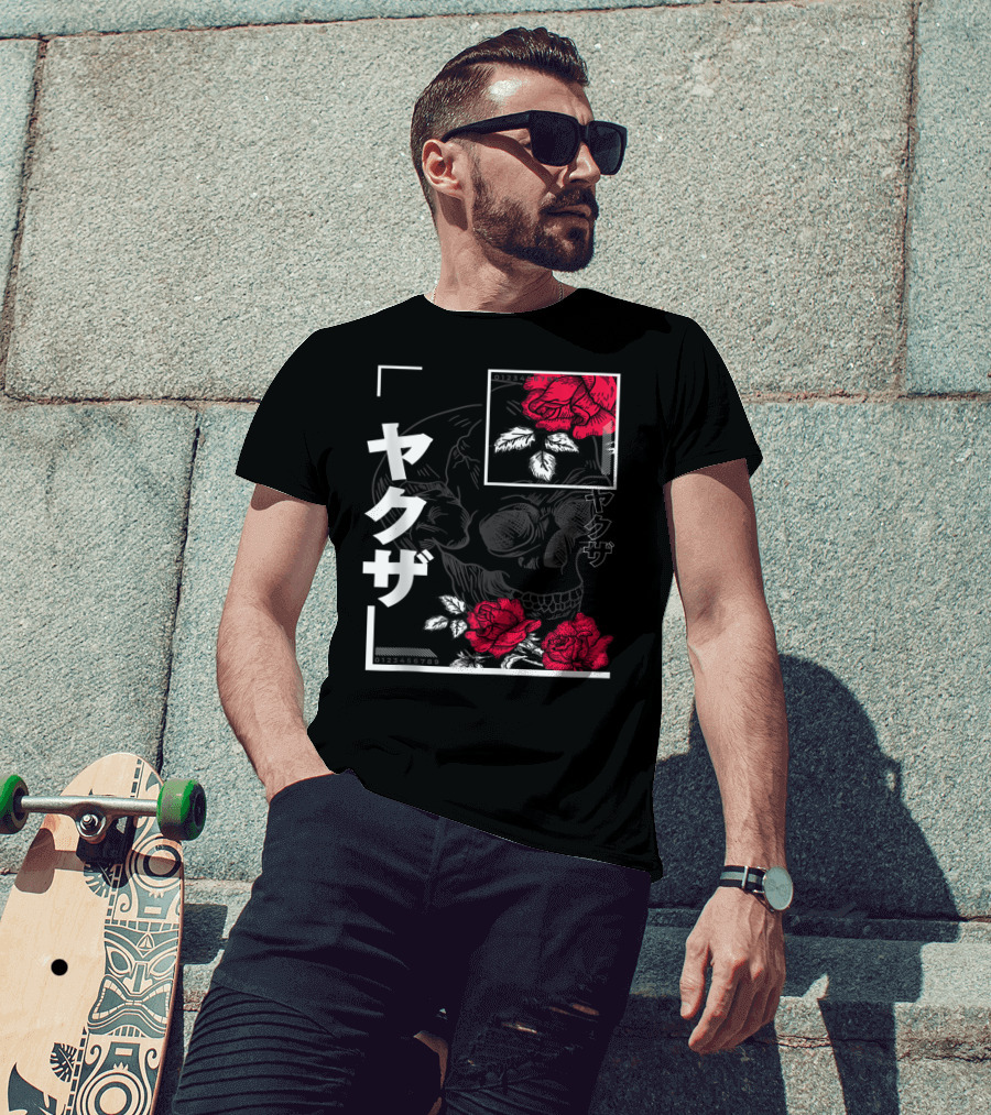 Urban Yakuza Skull And Red Roses T-Shirt