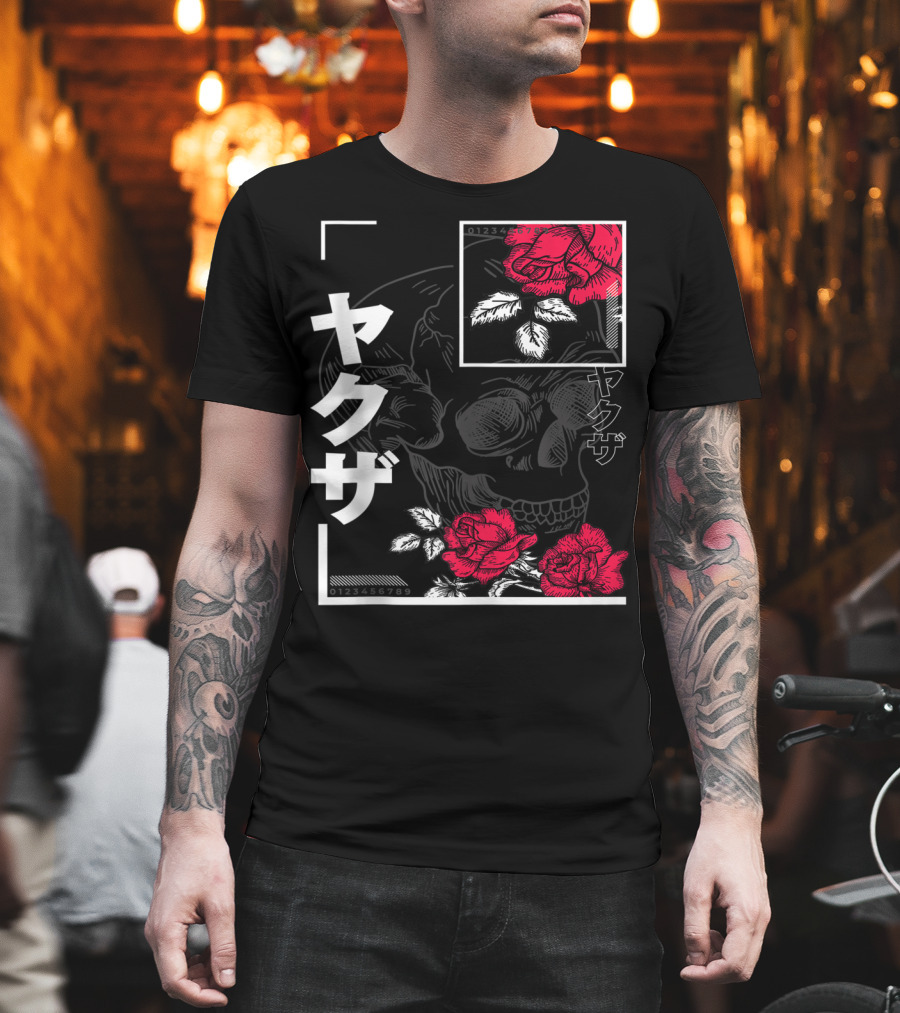 Urban Yakuza Skull and Red Roses T-Shirt