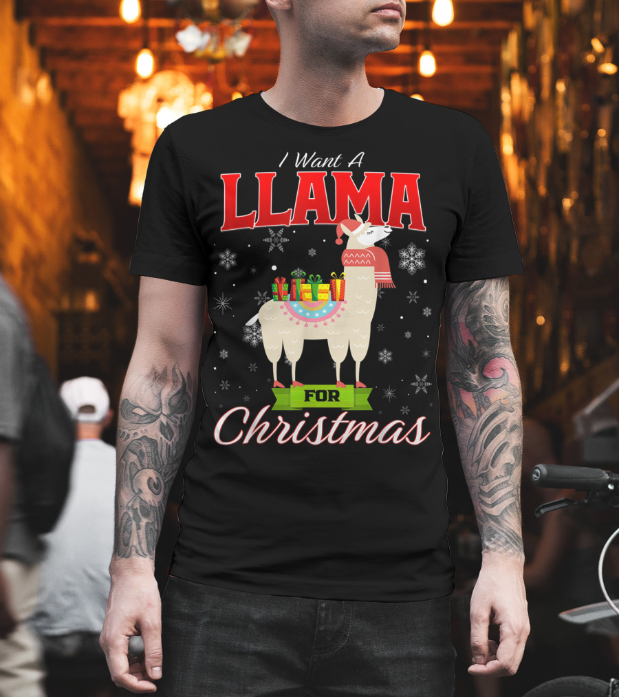 I Want A Llama For Christmas Santa Hat Snowflakes T-Shirt