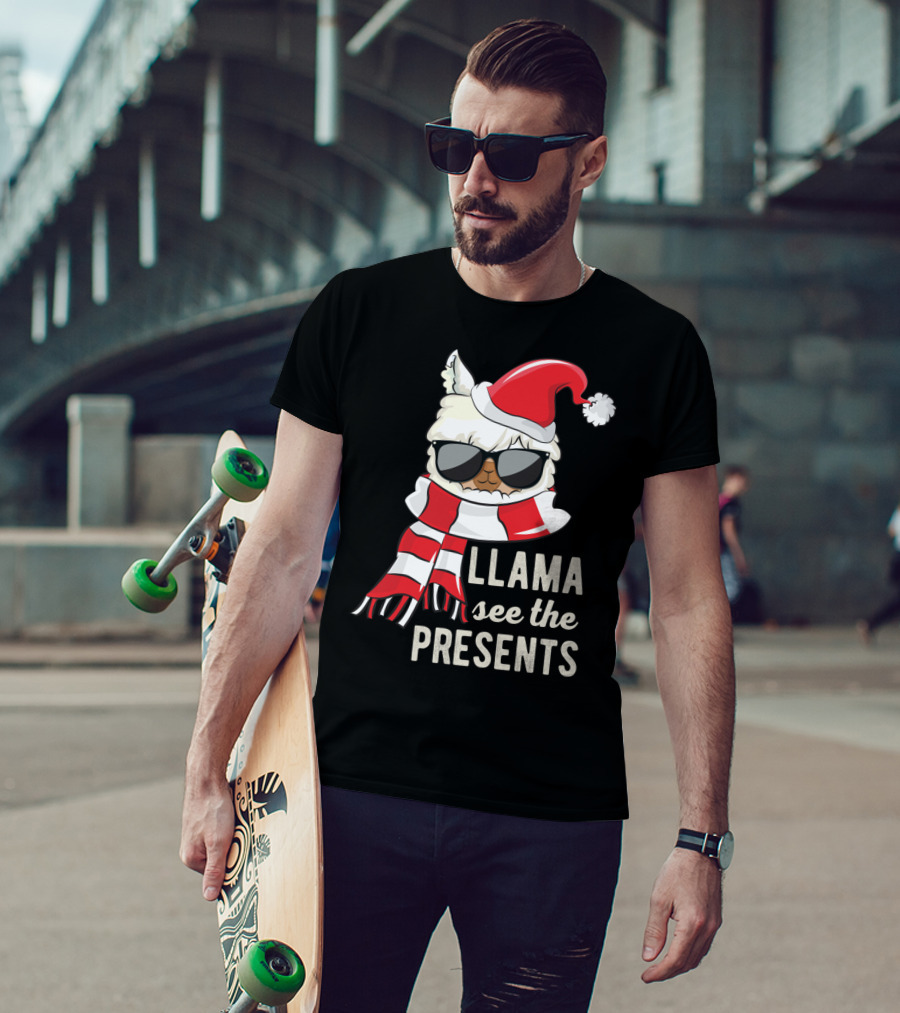 Llama See The Presents Funny Hat Xmas Alpaca Christmas Santa Scarf Sunglasses T-Shirt