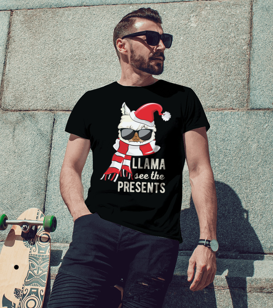 Llama See The Presents Funny Hat Xmas Alpaca Christmas Santa Scarf Sunglasses T-Shirt