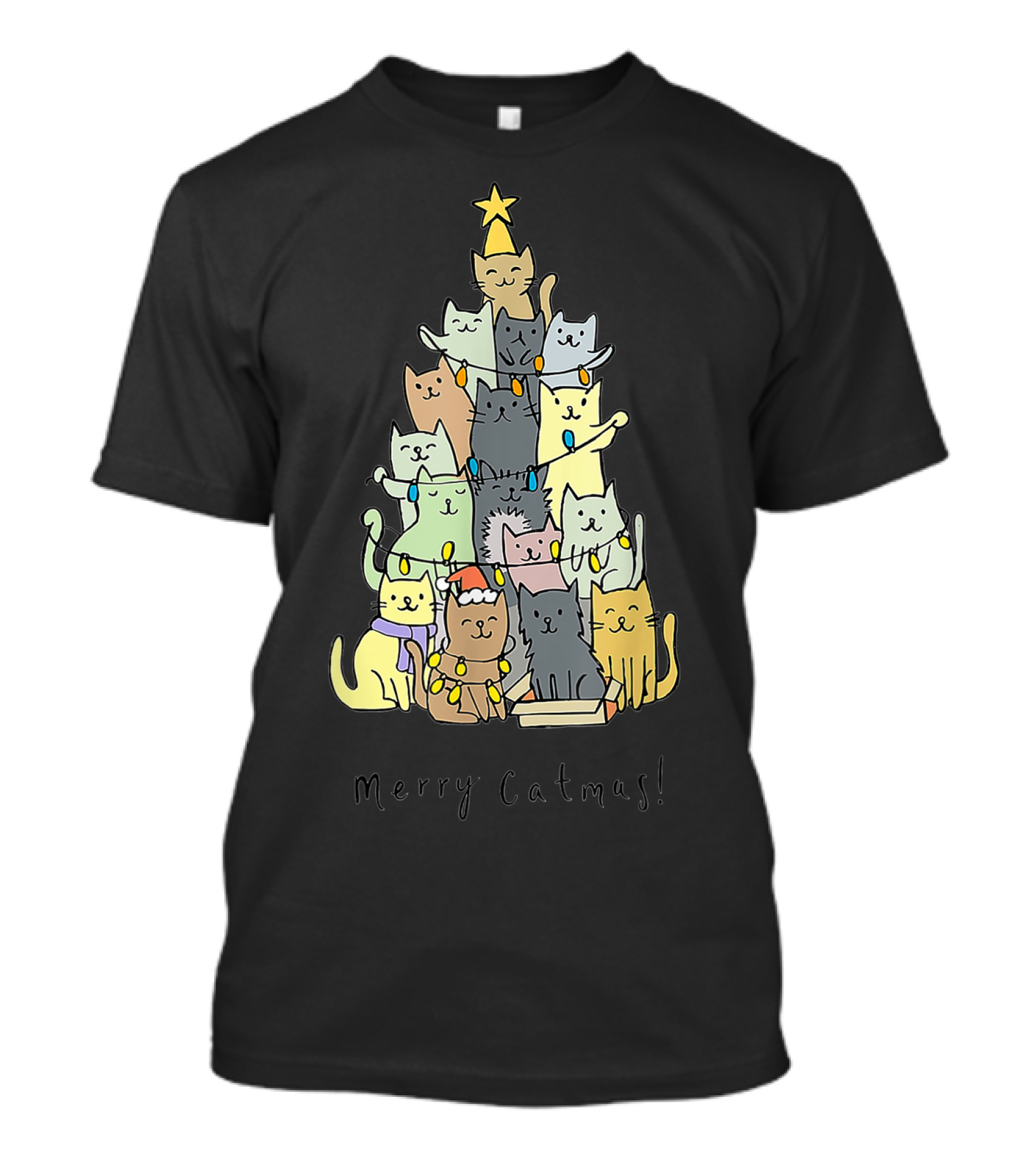 Merry Catmas Funny Cats Christmas Tree With Star And Decorations T-Shirt