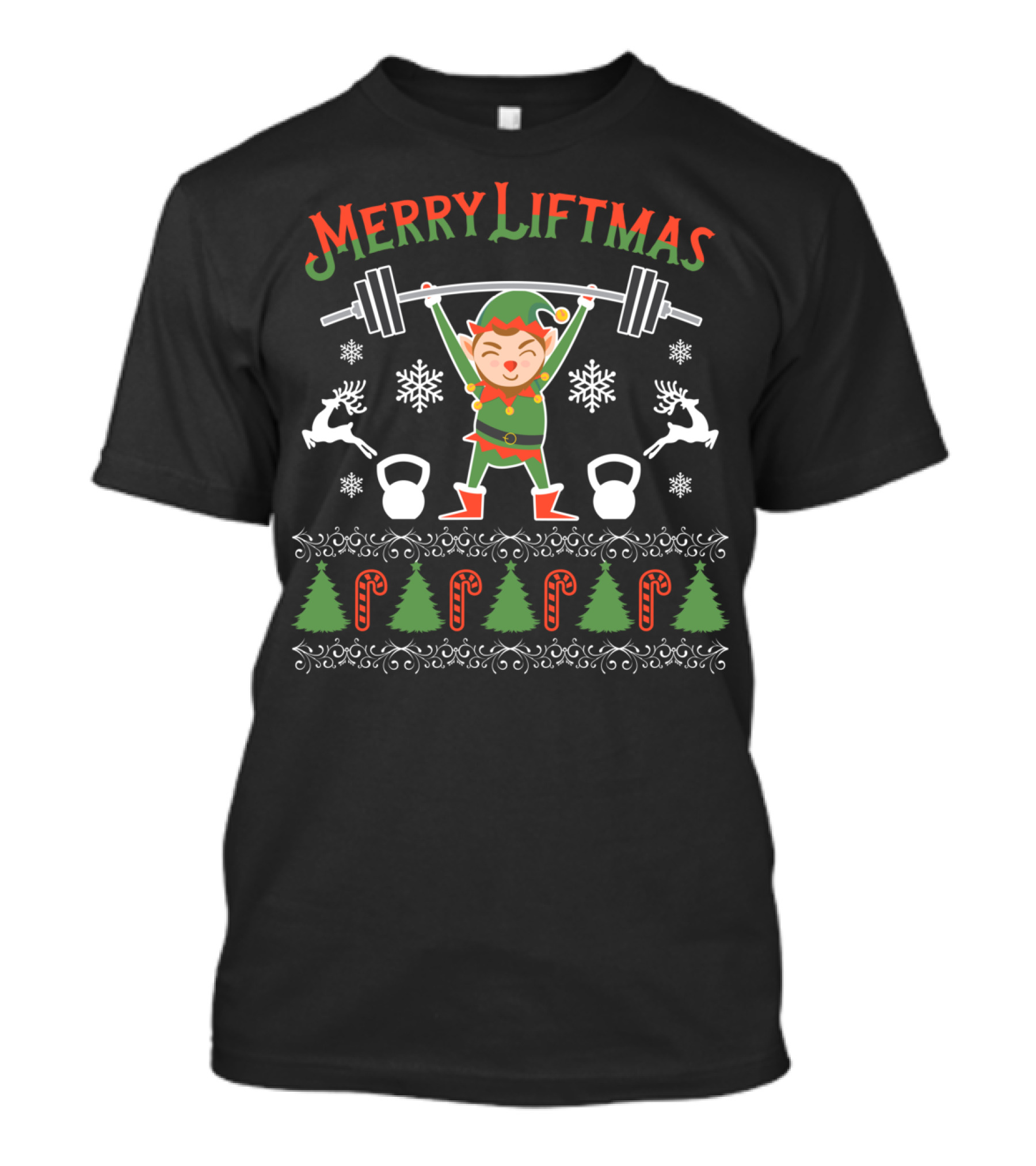 Merry Liftmas Elf Workout With Weights And Christmas Symbols T-Shirt
