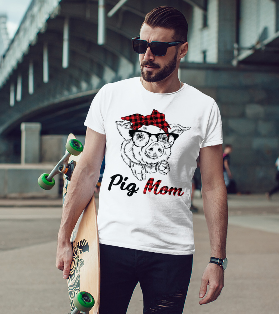 Pig Mom Piggy Outfit Mother Plaid Bow Glasses T-Shirt