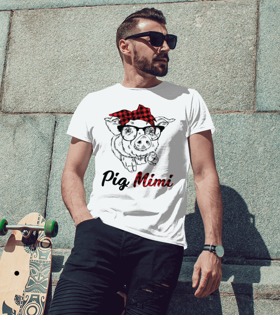 Pig Mimi Glasses Checkered Bow T-Shirt