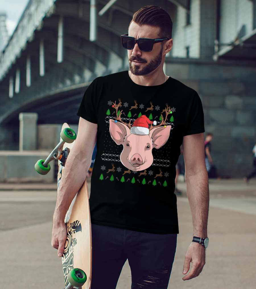 Pig Santa Claus Hat Reindeer Antlers Christmas Ornaments T-Shirt