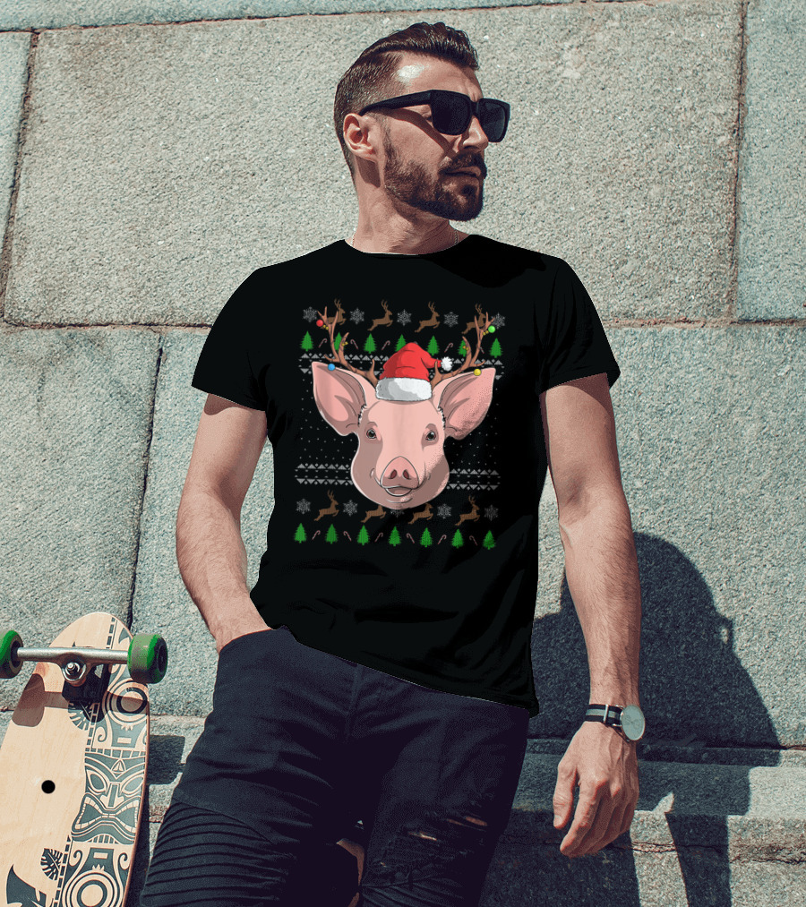 Pig Santa Claus Hat Reindeer Antlers Christmas Ornaments T-Shirt