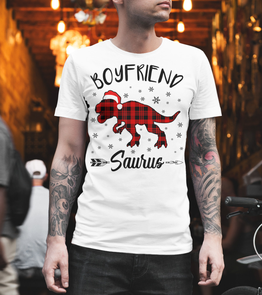Boyfriend Saurus Red Plaid Dinosaur Christmas Hat T-Shirt