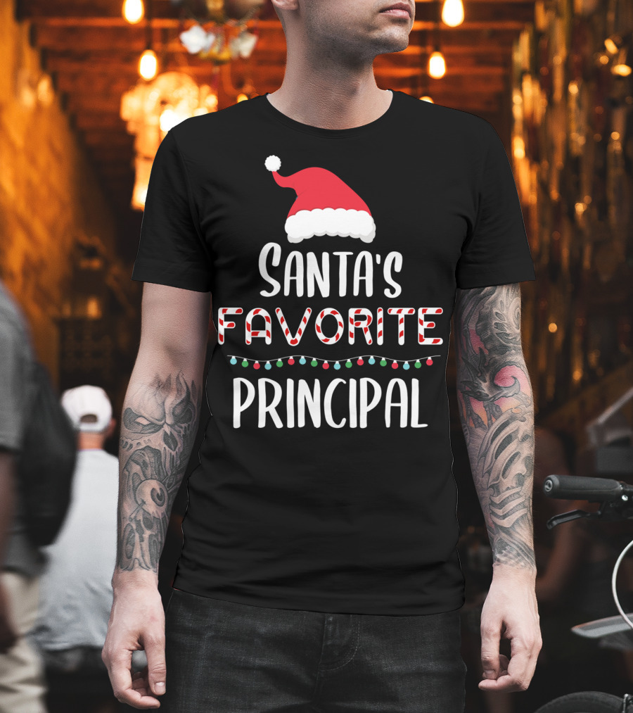 Santa's Favorite Principal Christmas Hat and Lights T-Shirt