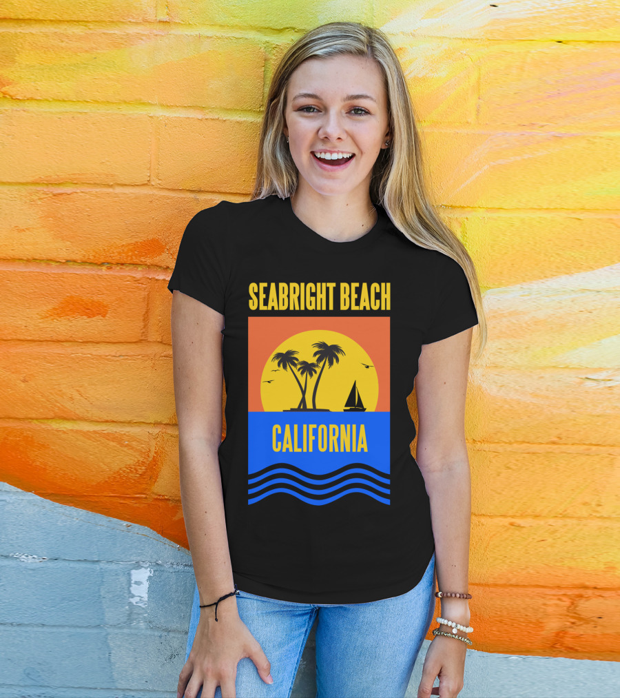 Seabright Beach California Sunset Palm Trees Sailboat Vacation T-Shirt