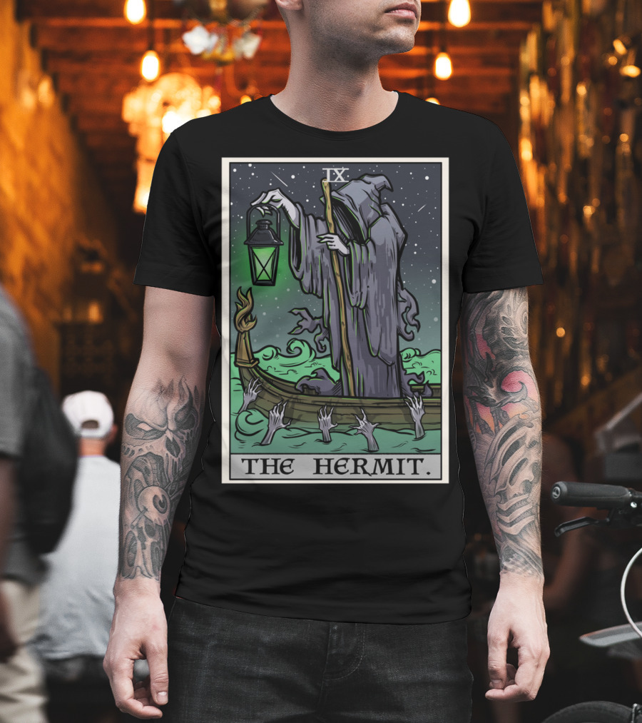 The Hermit Tarot Card IX Gothic Halloween Grim Lantern Boat T-Shirt