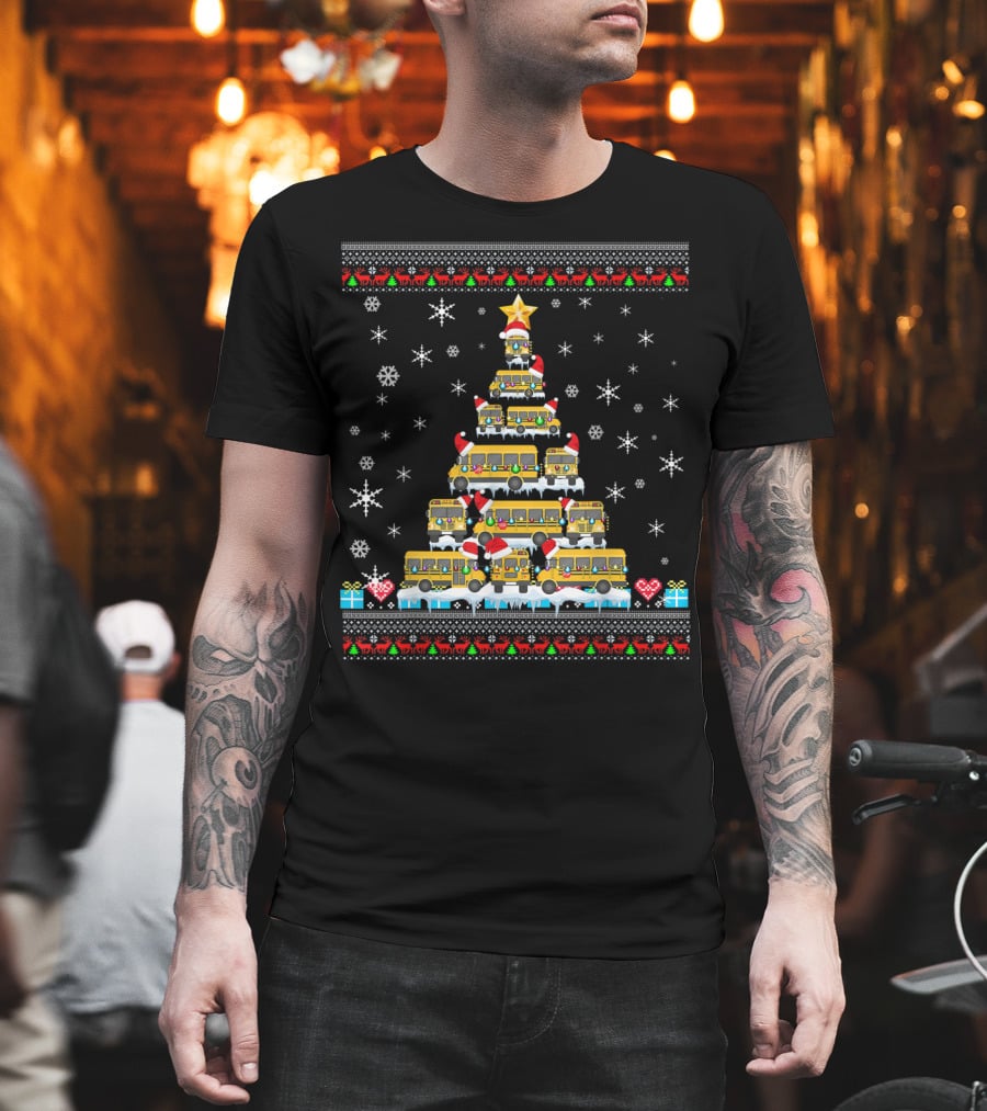 Ugly Christmas Tree Built From School Buses With Snowflakes And Holiday Decorations For Bus Driver Lovers T-Shirt