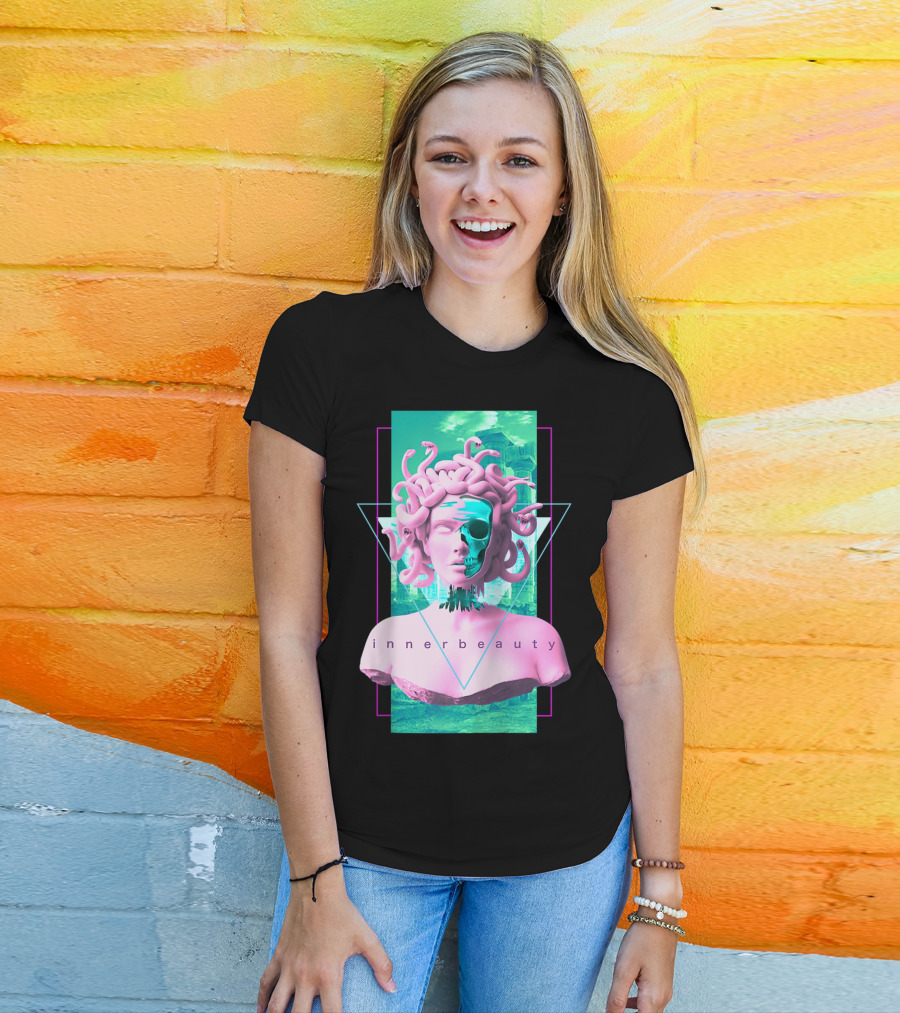 Vaporwave Inner Beauty Medusa Statue With Skull Aesthetic T-Shirt