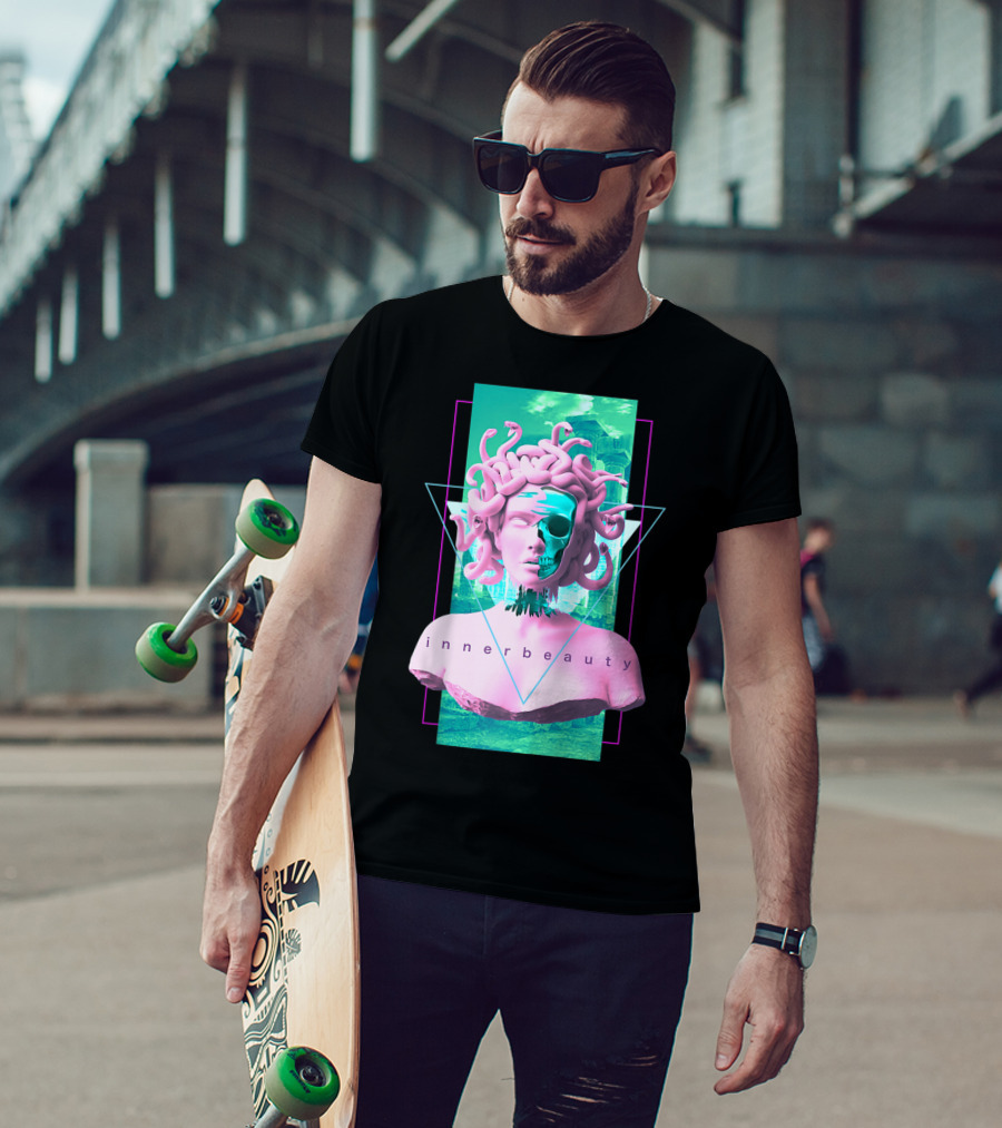 Vaporwave Inner Beauty Medusa Statue With Skull Aesthetic T-Shirt