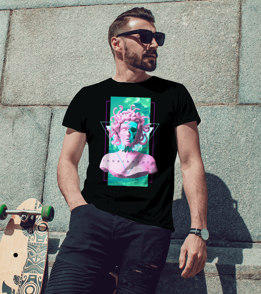 Vaporwave Inner Beauty Medusa Statue With Skull Aesthetic T-Shirt